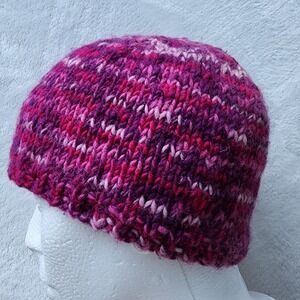 100% Wool Beanie Hat Pink Purple Yarn Fleece Lined Hand Knit Winter Cap Adult M